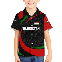 Tajikistan National Emblem Family Matching Off The Shoulder Long Sleeve Dress and Hawaiian Shirt with Black Red Green Tribal Pattern