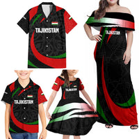 Tajikistan National Emblem Family Matching Off Shoulder Maxi Dress and Hawaiian Shirt with Black Red Green Tribal Pattern