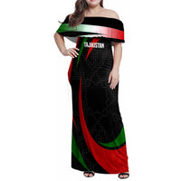 Tajikistan National Emblem Family Matching Off Shoulder Maxi Dress and Hawaiian Shirt with Black Red Green Tribal Pattern