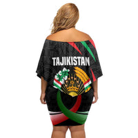 Tajikistan National Emblem Family Matching Off Shoulder Short Dress and Hawaiian Shirt with Black Red Green Tribal Pattern