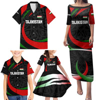 Tajikistan National Emblem Family Matching Puletasi and Hawaiian Shirt with Black Red Green Tribal Pattern