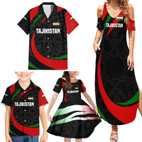 Tajikistan National Emblem Family Matching Summer Maxi Dress and Hawaiian Shirt with Black Red Green Tribal Pattern