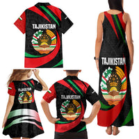 Tajikistan National Emblem Family Matching Tank Maxi Dress and Hawaiian Shirt with Black Red Green Tribal Pattern