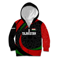 Tajikistan National Emblem Kid Hoodie with Black Red Green Tribal Pattern