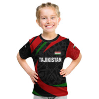 Tajikistan National Emblem Kid T Shirt with Black Red Green Tribal Pattern