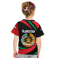 Tajikistan National Emblem Kid T Shirt with Black Red Green Tribal Pattern