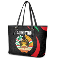 Tajikistan National Emblem Leather Tote Bag with Black Red Green Tribal Pattern