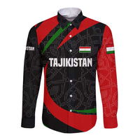 Tajikistan National Emblem Long Sleeve Button Shirt with Black Red Green Tribal Pattern