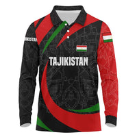 Tajikistan National Emblem Long Sleeve Polo Shirt with Black Red Green Tribal Pattern