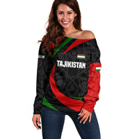 Tajikistan National Emblem Off Shoulder Sweater with Black Red Green Tribal Pattern