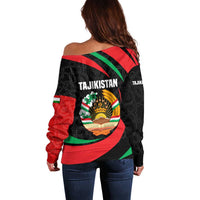 Tajikistan National Emblem Off Shoulder Sweater with Black Red Green Tribal Pattern