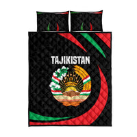 Tajikistan National Emblem Quilt Bed Set with Black Red Green Tribal Pattern