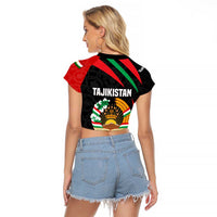 Tajikistan National Emblem Raglan Cropped T Shirt with Black Red Green Tribal Pattern