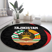 Tajikistan National Emblem Round Carpet with Black Red Green Tribal Pattern