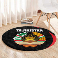 Tajikistan National Emblem Round Carpet with Black Red Green Tribal Pattern