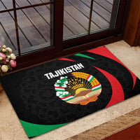 Tajikistan National Emblem Rubber Doormat with Black Red Green Tribal Pattern