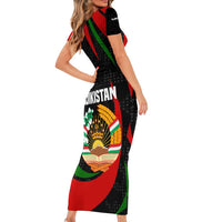 Tajikistan National Emblem Short Sleeve Bodycon Dress with Black Red Green Tribal Pattern