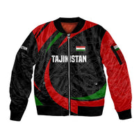 Tajikistan National Emblem Sleeve Zip Bomber Jacket with Black Red Green Tribal Pattern