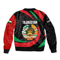Tajikistan National Emblem Sleeve Zip Bomber Jacket with Black Red Green Tribal Pattern