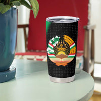 Tajikistan National Emblem Tumbler Cup with Black Red Green Tribal Pattern