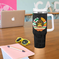 Tajikistan National Emblem Tumbler With Handle with Black Red Green Tribal Pattern
