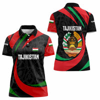 Tajikistan National Emblem Women Polo Shirt with Black Red Green Tribal Pattern