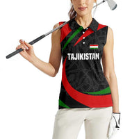 Tajikistan National Emblem Women Sleeveless Polo Shirt with Black Red Green Tribal Pattern