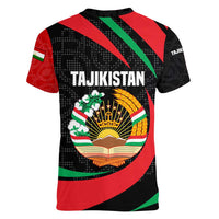 Tajikistan National Emblem Women V-Neck T-Shirt with Black Red Green Tribal Pattern