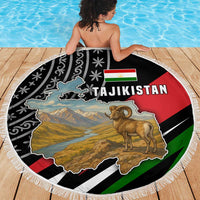Tajikistan Marco Polo Sheep Beach Blanket with Black Red Green Tribal Flag Pattern