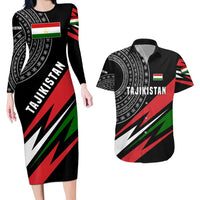Tajikistan Marco Polo Sheep Couples Matching Long Sleeve Bodycon Dress and Hawaiian Shirt with Black Red Green Tribal Flag Pattern