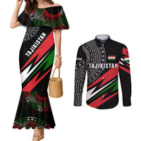 Tajikistan Marco Polo Sheep Couples Matching Mermaid Dress and Long Sleeve Button Shirt with Black Red Green Tribal Flag Pattern