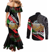 Tajikistan Marco Polo Sheep Couples Matching Mermaid Dress and Long Sleeve Button Shirt with Black Red Green Tribal Flag Pattern