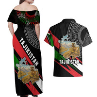 Tajikistan Marco Polo Sheep Couples Matching Off Shoulder Maxi Dress and Hawaiian Shirt with Black Red Green Tribal Flag Pattern