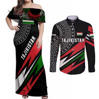Tajikistan Marco Polo Sheep Couples Matching Off Shoulder Maxi Dress and Long Sleeve Button Shirt with Black Red Green Tribal Flag Pattern