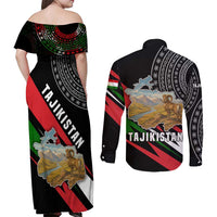 Tajikistan Marco Polo Sheep Couples Matching Off Shoulder Maxi Dress and Long Sleeve Button Shirt with Black Red Green Tribal Flag Pattern