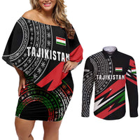 Tajikistan Marco Polo Sheep Couples Matching Off Shoulder Short Dress and Long Sleeve Button Shirt with Black Red Green Tribal Flag Pattern