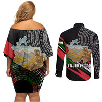 Tajikistan Marco Polo Sheep Couples Matching Off Shoulder Short Dress and Long Sleeve Button Shirt with Black Red Green Tribal Flag Pattern
