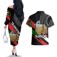 Tajikistan Marco Polo Sheep Couples Matching Off The Shoulder Long Sleeve Dress and Hawaiian Shirt with Black Red Green Tribal Flag Pattern
