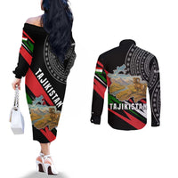 Tajikistan Marco Polo Sheep Couples Matching Off The Shoulder Long Sleeve Dress and Long Sleeve Button Shirt with Black Red Green Tribal Flag Pattern