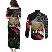 Tajikistan Marco Polo Sheep Couples Matching Puletasi and Long Sleeve Button Shirt with Black Red Green Tribal Flag Pattern
