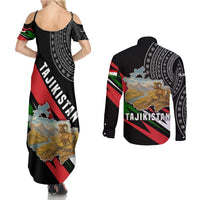 Tajikistan Marco Polo Sheep Couples Matching Summer Maxi Dress and Long Sleeve Button Shirt with Black Red Green Tribal Flag Pattern