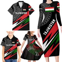 Tajikistan Marco Polo Sheep Family Matching Long Sleeve Bodycon Dress and Hawaiian Shirt with Black Red Green Tribal Flag Pattern