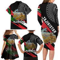 Tajikistan Marco Polo Sheep Family Matching Long Sleeve Bodycon Dress and Hawaiian Shirt with Black Red Green Tribal Flag Pattern