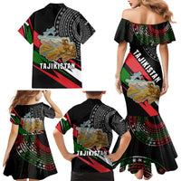 Tajikistan Marco Polo Sheep Family Matching Mermaid Dress and Hawaiian Shirt with Black Red Green Tribal Flag Pattern