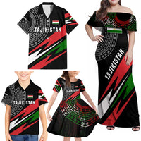 Tajikistan Marco Polo Sheep Family Matching Off Shoulder Maxi Dress and Hawaiian Shirt with Black Red Green Tribal Flag Pattern