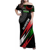 Tajikistan Marco Polo Sheep Family Matching Off Shoulder Maxi Dress and Hawaiian Shirt with Black Red Green Tribal Flag Pattern