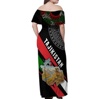 Tajikistan Marco Polo Sheep Family Matching Off Shoulder Maxi Dress and Hawaiian Shirt with Black Red Green Tribal Flag Pattern