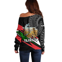 Tajikistan Marco Polo Sheep Off Shoulder Sweater with Black Red Green Tribal Flag Pattern