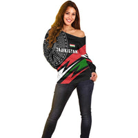 Tajikistan Marco Polo Sheep Off Shoulder Sweater with Black Red Green Tribal Flag Pattern