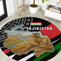 Tajikistan Marco Polo Sheep Round Carpet with Black Red Green Tribal Flag Pattern